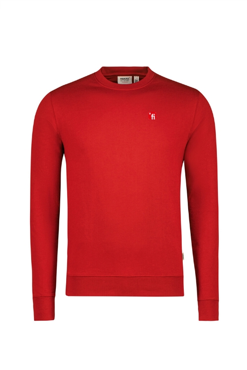 Rotes Sweatshirt mit rotem Finanz Informatik Logo auf linker Brust