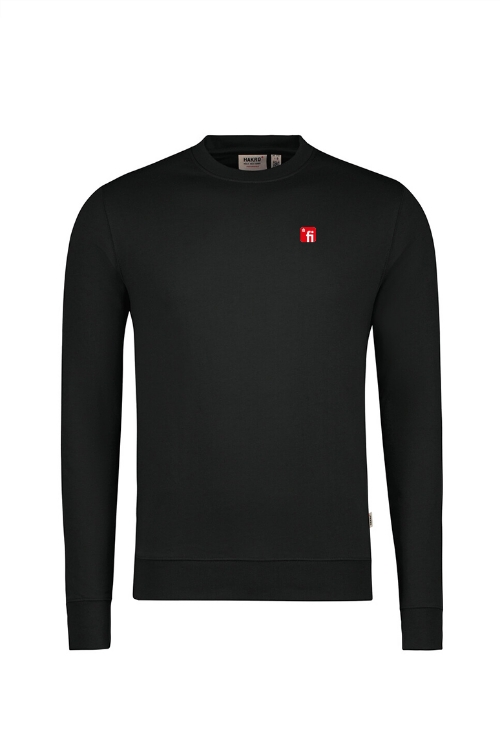 Schwarzes Sweatshirt mit rotem Finanz Informatik Logo auf linker Brust