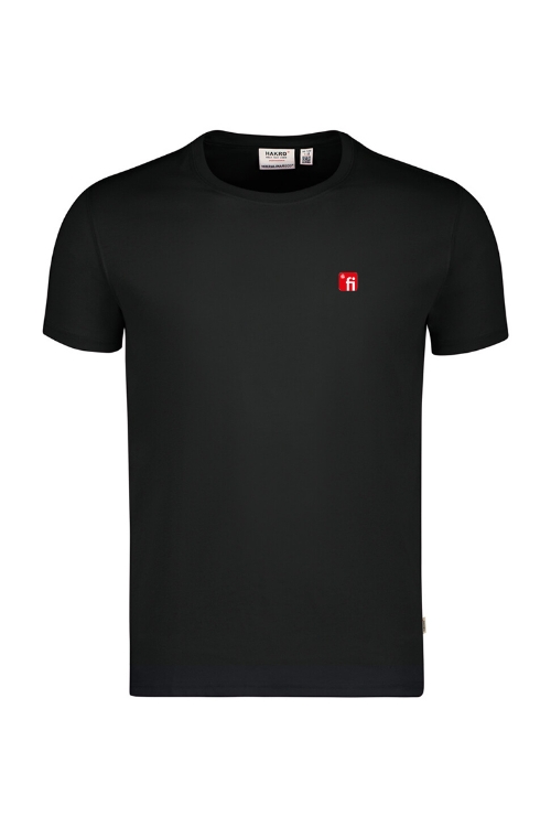Schwarzes T-Shirt mit Rundhalsausschnitt, rotes Finanz Informatik Logo auf linker Brust