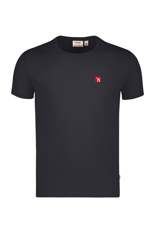 Dunkelblaues T-Shirt mit Rundhalsausschnitt, rotes Finanz Informatik Logo auf linker Brust