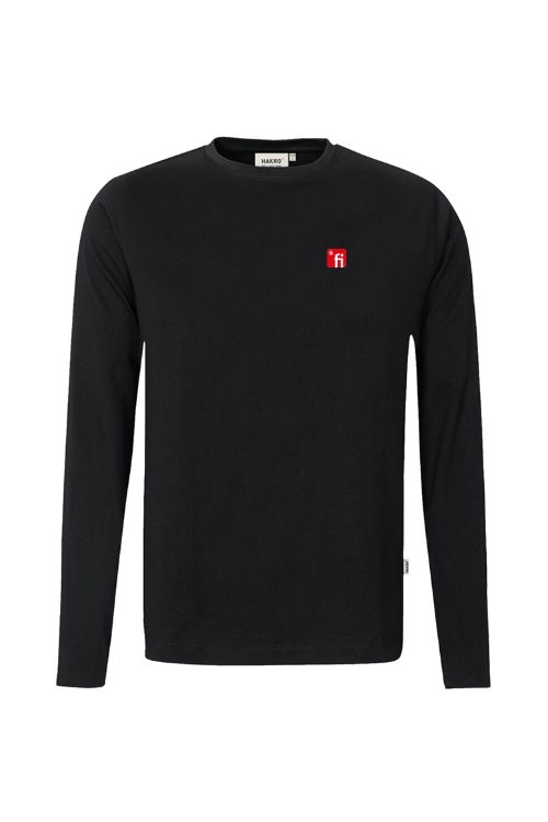 Schwarzes Langarmshirt mit rotem Finanz Informatik Logo auf der linken Brust
