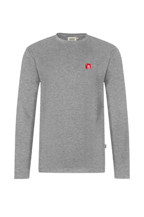 Grau meliertes Langarmshirt mit rotem Finanz Informatik Logo auf der linken Brust