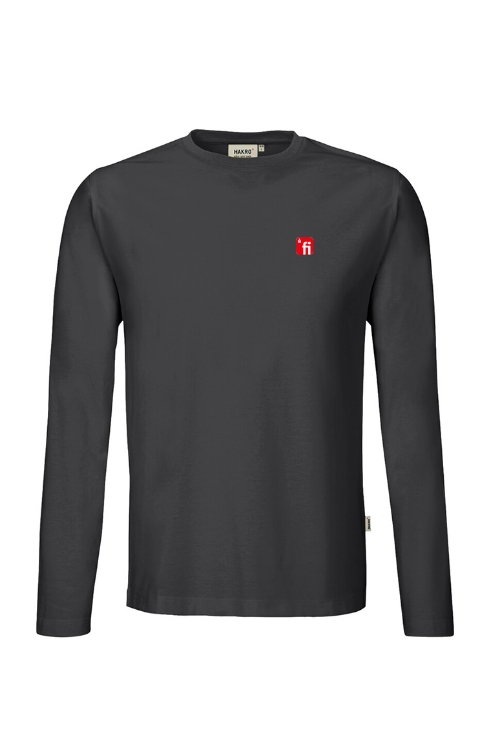 Graues Langarmshirt mit rotem Finanz Informatik Logo auf der linken Brust