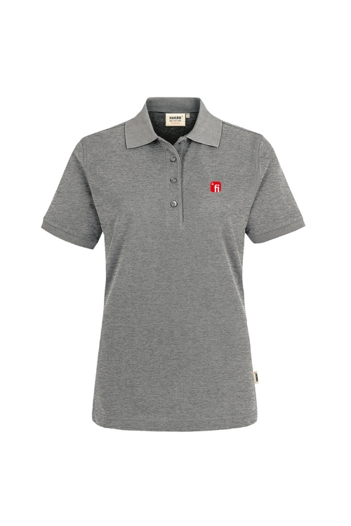 Grau meliertes Poloshirt mit rotem rotem Finanz Informatik Logo auf linker Brust