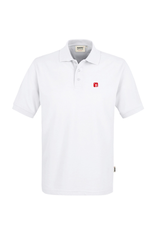 Weißes Poloshirt mit rotem Finanz Informatik Logo auf linker Brust