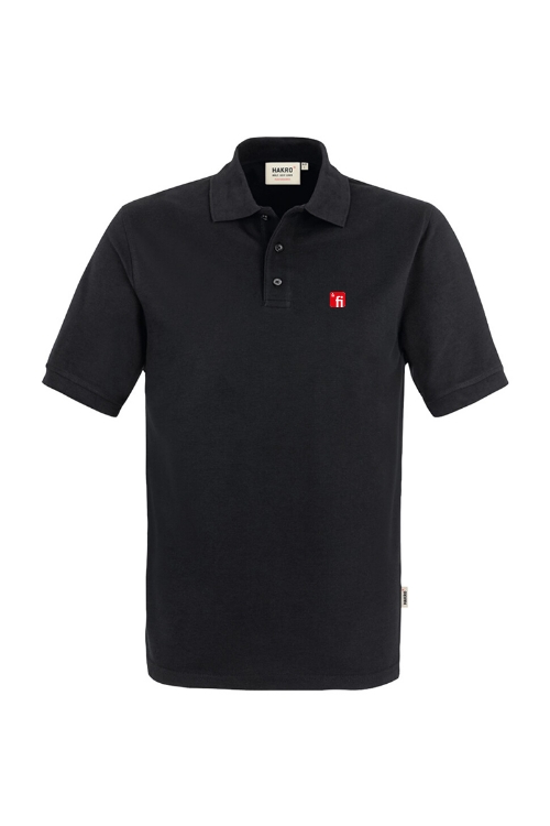 Schwarzes Poloshirt mit rotem Finanz Informatik Logo auf linker Brust