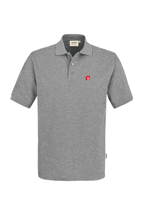 Grau meliertes Poloshirt mit rotem Finanz Informatik Logo auf linker Brust