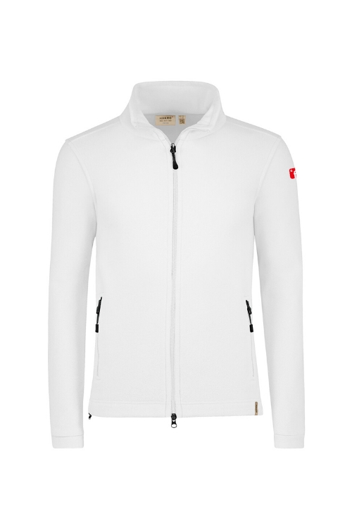 Weiße Fleecejacke mit rotem Finanz Informatik Logo auf der linken Schulter