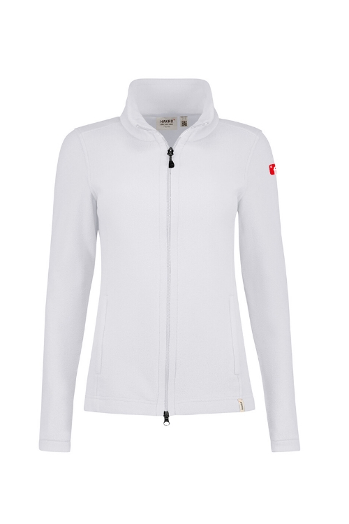 Weiße Fleecejacke mit rotem Finanz Informatik Logo auf der linken Schulter