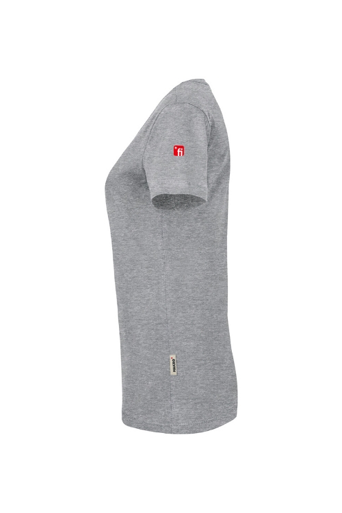 Grau meliertes T-Shirt seitlich mit Rundhalsausschnitt mit rotem Finanz Informatik Logo auf der linken Schulter