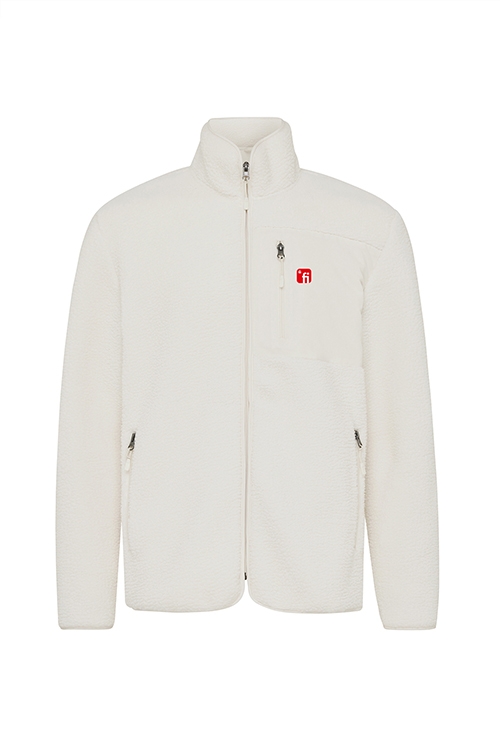 Weiße Teddy Fleecejacke mit rotem Finanz Informatik Logo auf der linken Brust